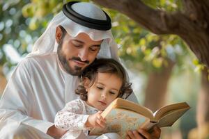 Arabic father and daughter reading a book photo