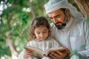 A man and a little girl reading a book photo