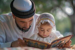 A father and his daughter reading a book photo