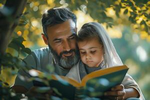 A man and a little girl reading a book photo