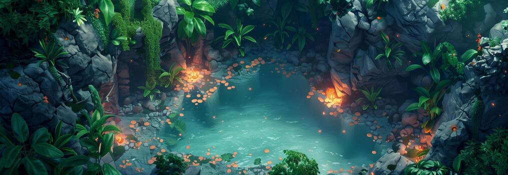 An animated scene of a cave with plants and water photo