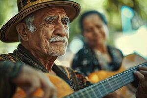 An older man playing an acoustic guitar photo
