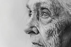 An old woman's face is shown in black and white photo