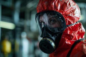 A person wearing a gas mask and red suit photo