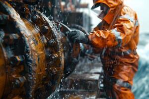 A man in an orange rain suit is working on a pipe photo