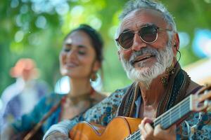 An older man with a beard and sunglasses playing an acoustic guitar photo