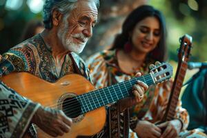 An older man playing an acoustic guitar with a woman behind him photo