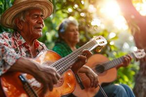 An elderly man playing a guitar in the sun photo