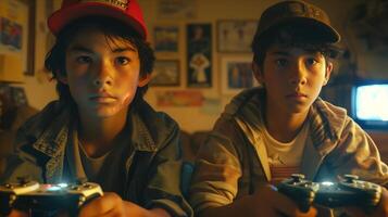 Two young boys playing games in a living room photo