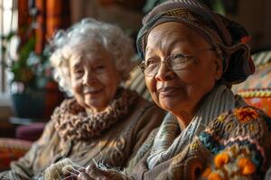 Two older women sitting on a couch with knitting needles photo