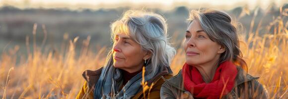 Two older women sitting in tall grass photo