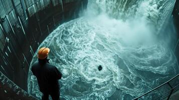 A man in a hard hat standing in front of a large waterfall photo