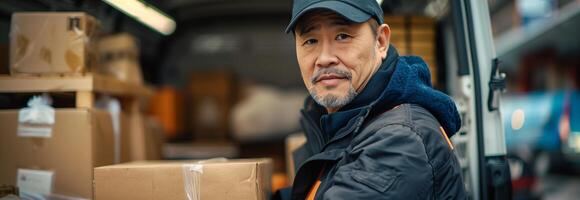 A man in a black jacket and hat is holding a box photo