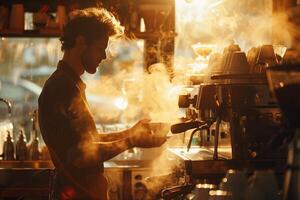 A man is standing in front of a coffee machine photo