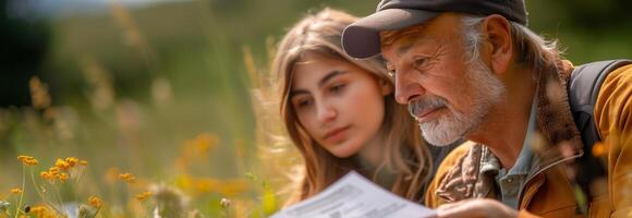 An older man and a young girl looking at a paper photo