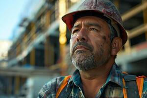 A man in a hard hat and safety vest standing in front of a construction site photo
