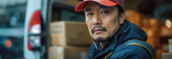 A man in a red cap and jacket standing in front of a truck photo