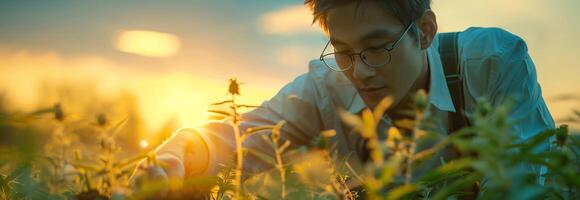 A man in glasses is looking at a plant photo