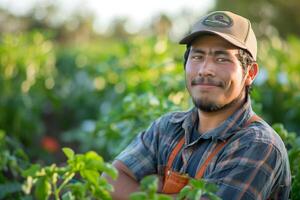 A man in a hat and overalls standing in a field photo
