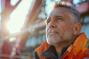 A man in an orange jacket and orange vest looking up photo