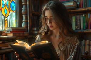 A beautiful woman is reading a book in front of a window photo