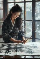 A woman is writing on a piece of paper photo