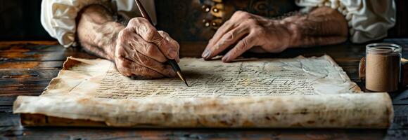 A man writing on a piece of paper with a pen photo