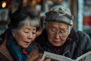 An older couple reading a newspaper photo