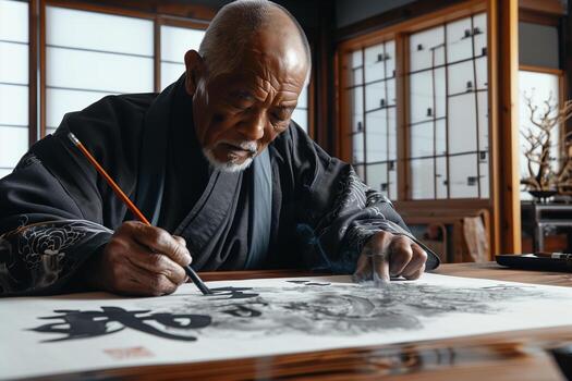 An old man is writing on a piece of paper photo