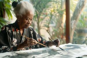 An older woman is painting on a large canvas photo