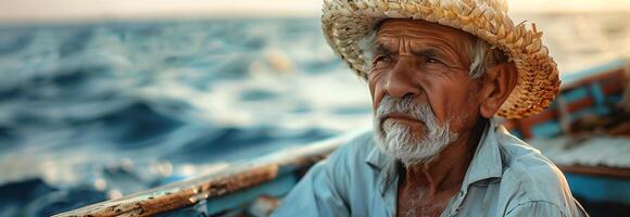An old man in a straw hat sitting in a boat photo