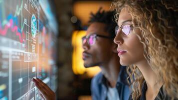 Two people looking at a computer screen with graphs photo