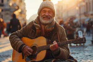 A man is playing an acoustic guitar on the street photo