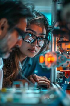 Two people working on a machine photo