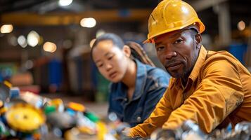 A man and woman working in a factory photo