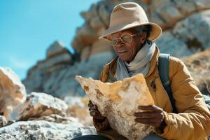 An older woman with a hat and glasses is reading a map photo