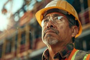 A man in a hard hat and glasses looking up photo