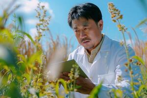 A man in a lab coat is looking at a tablet photo