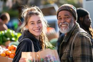 A man and woman are standing in front of a produce stand photo