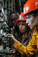 Three people in hard hats and safety glasses working on machinery photo