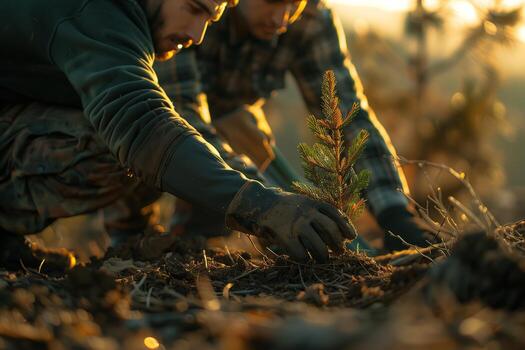 Two men are planting a tree in the forest photo