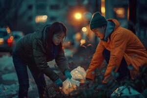 Two people picking up trash on the street photo