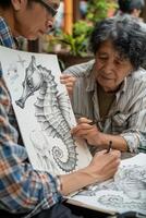 A man drawing a seahorse on a piece of paper photo