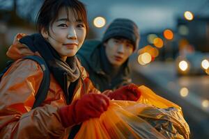 A woman holding a bag of garbage photo