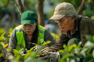 An older man and woman working in the garden photo