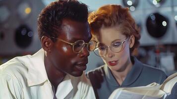 A man and woman looking at a book photo