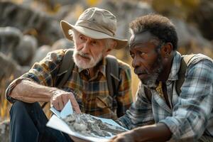 Two older men looking at a map photo