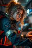 A woman in a fire suit is working on a computer photo