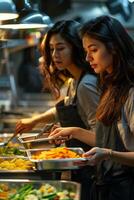 Two women are preparing food in a restaurant photo