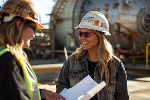 Two women in hard hats talking to each other photo